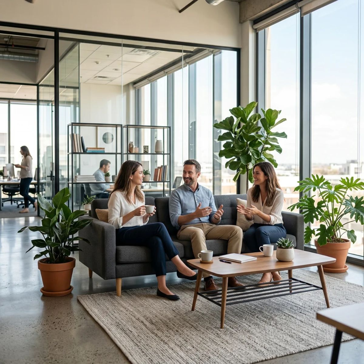 Empleados disfrutando de una pausa en una zona de descanso con sofás de oficina